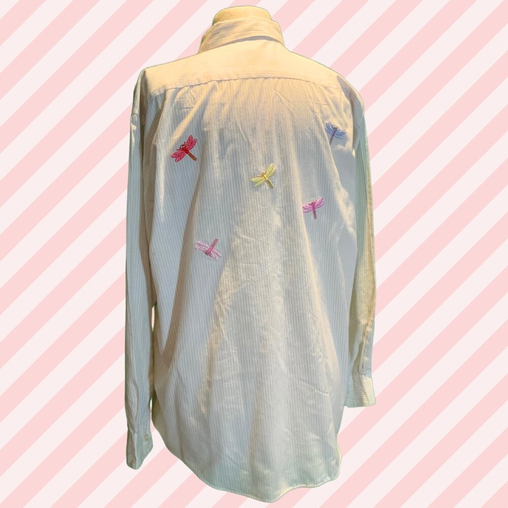 MILI Design _ Vintage Embroidered Dragonfly White w/ light pink stripes_Size: L - Picture 4 of 5